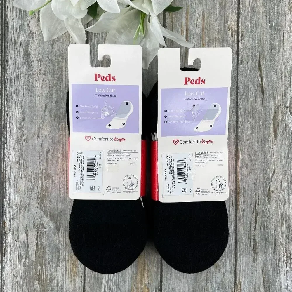 PEDS Low Cut Cushion Liner Socks Black 2, 6-Packs Size 8-12
